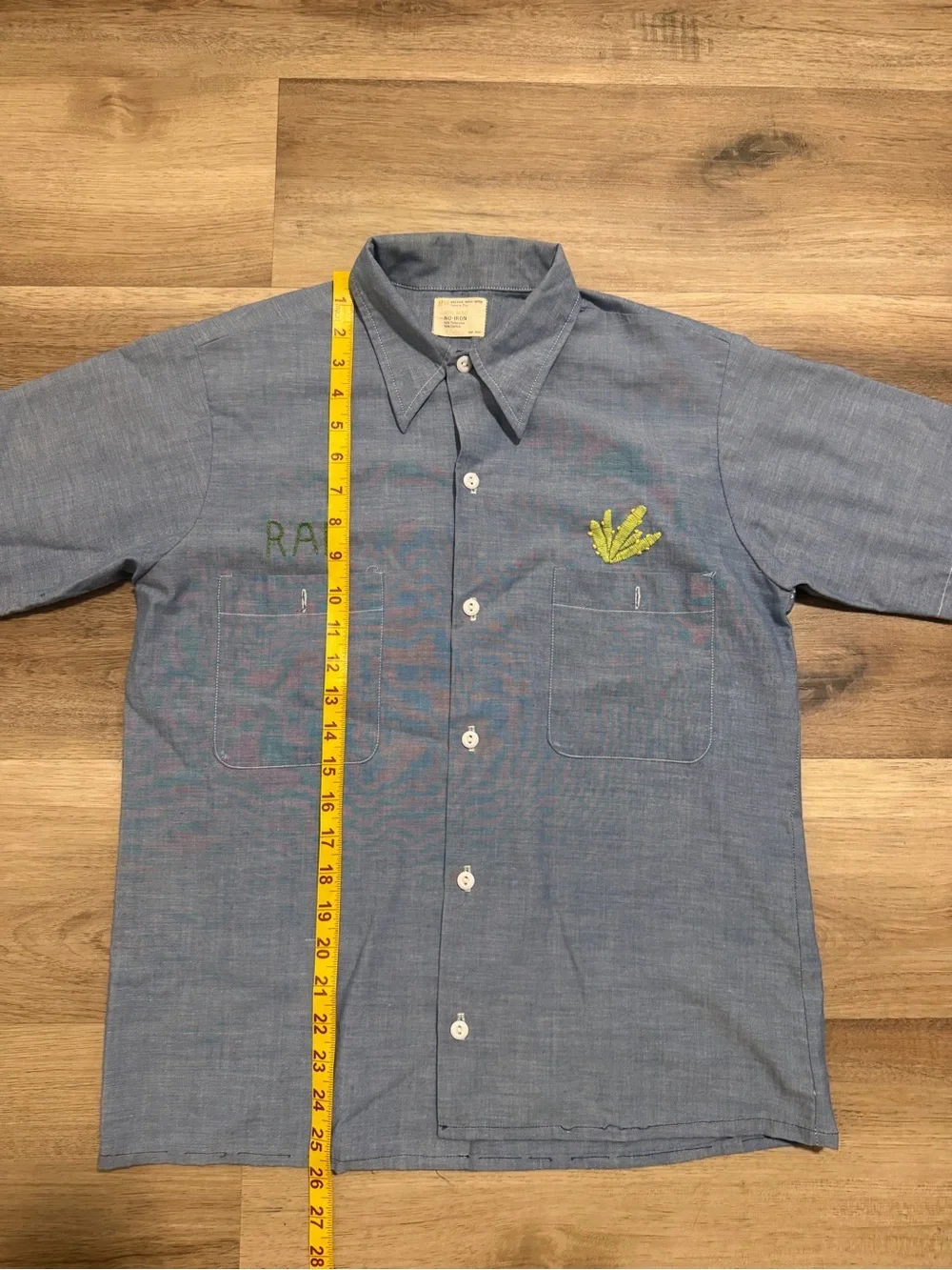 Vtg 70s BIG MAC Chambray Shirt Short Sleeve Sz M Western Chain Stitch